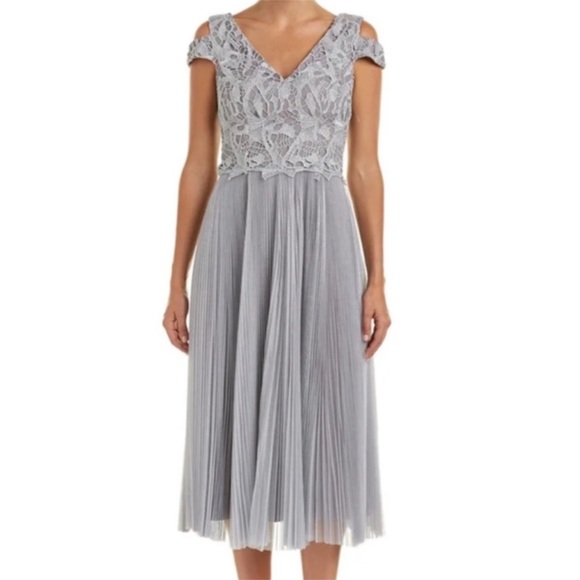 KAY UNGER MetallicLace Accordion Pleat Cold Shoulder Short Sleeve Dress, Gray - Picture 1 of 7